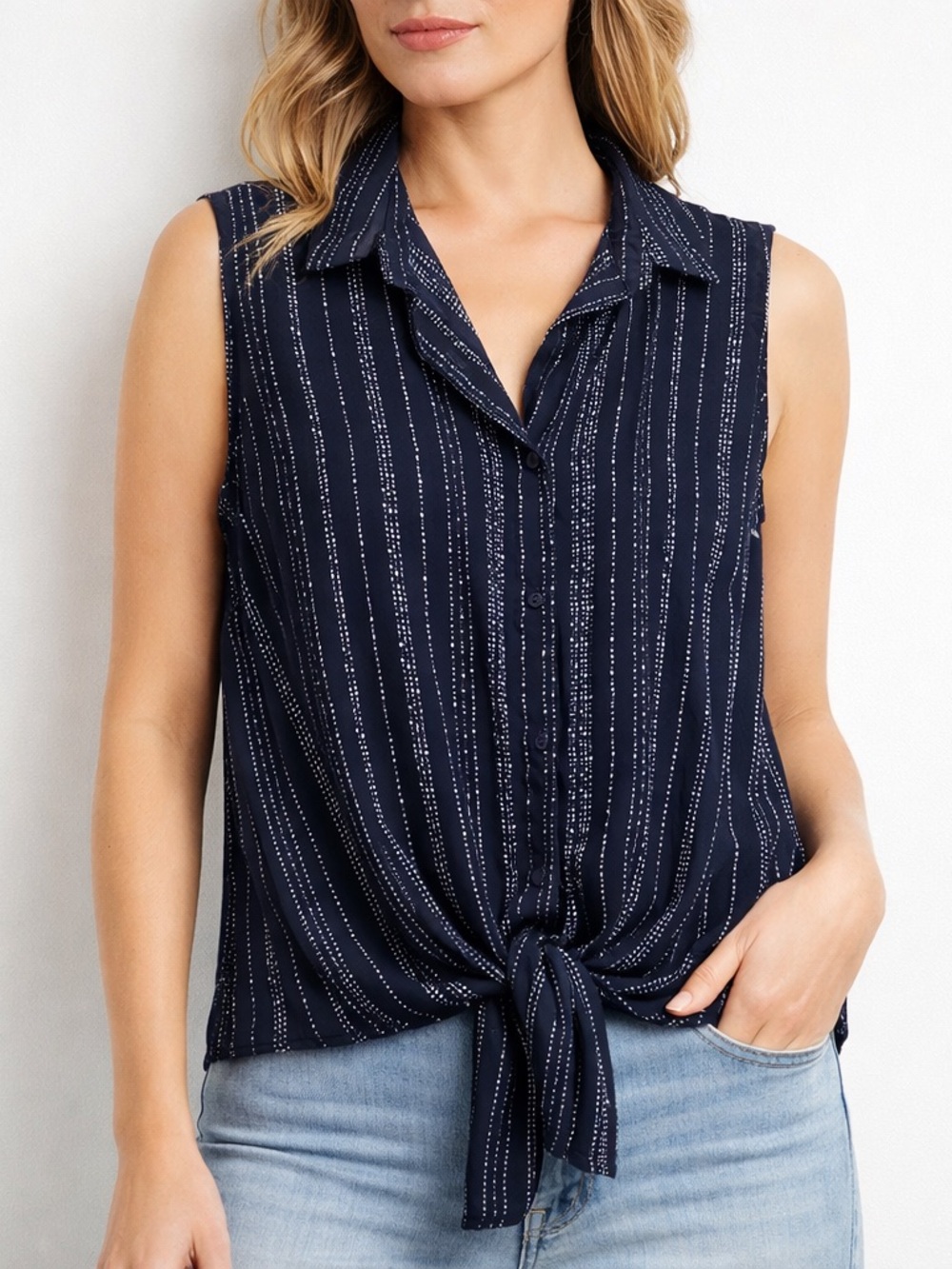 Adrianna Papell Sleeveless Tie Front Button Front Blouse Navy White Print Top M
